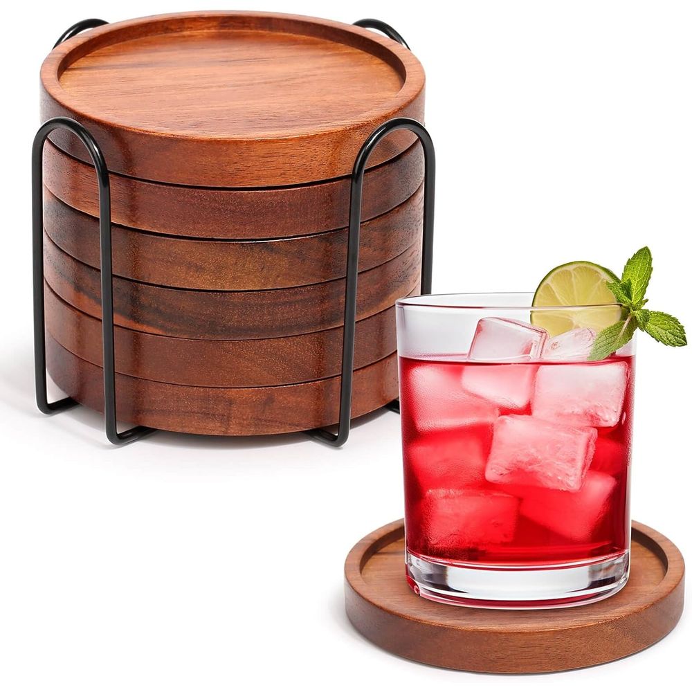 Home Bar Set - Set of 6 Acacia Wood Coasters