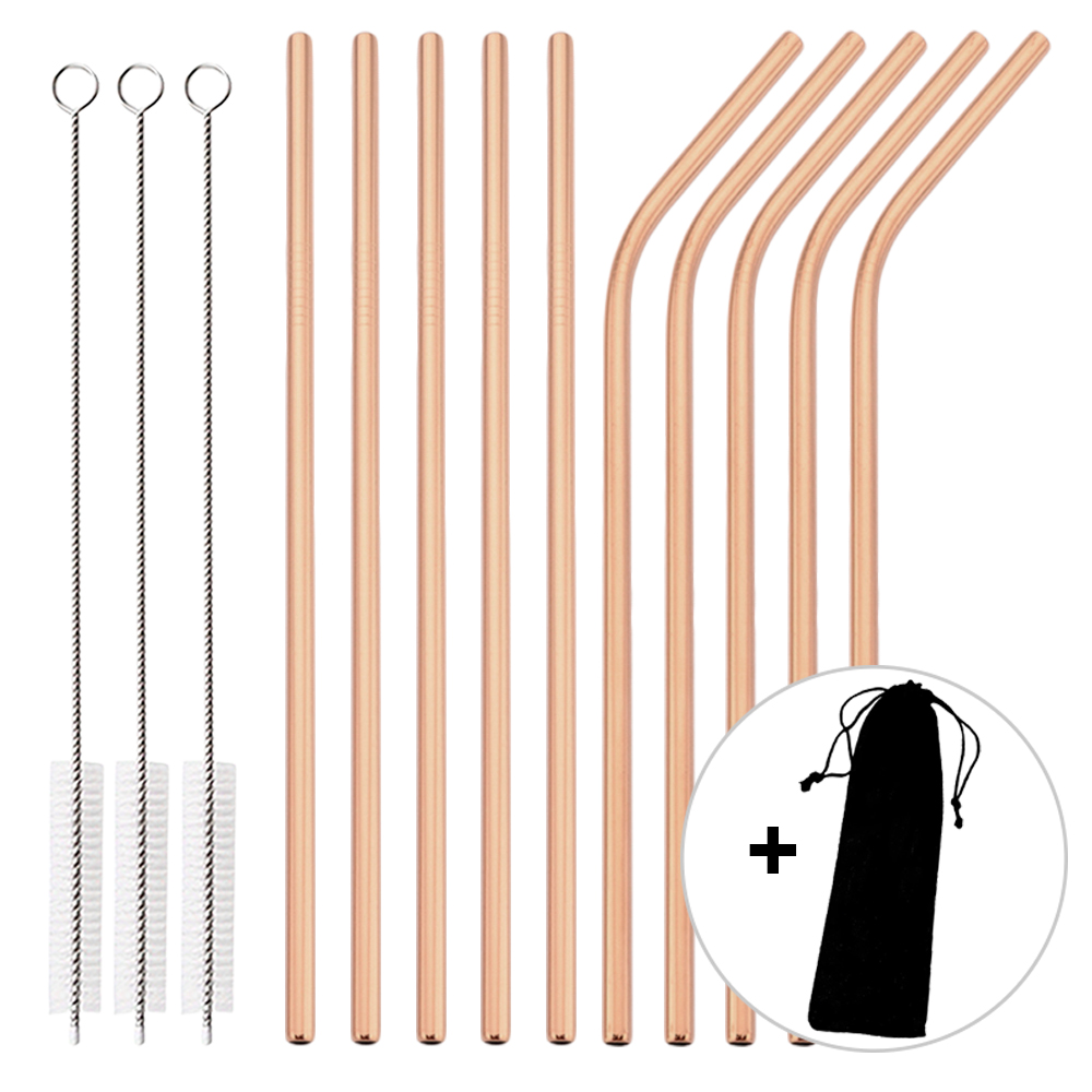 Home Bar Shelf - 14Pcs Reusable Rose Gold Straw Set