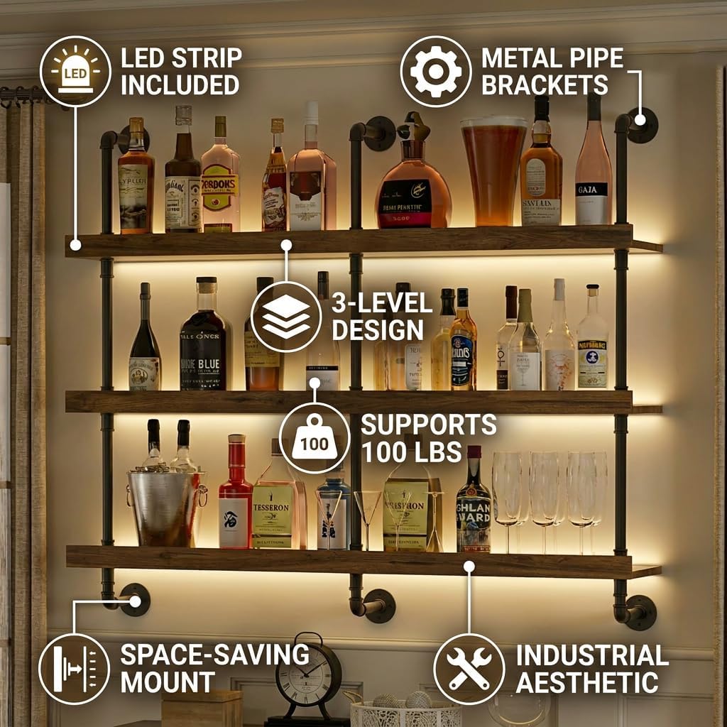 Wall Mounted Wine Rack With LE - Home Bar Shelf ulasan dan harga